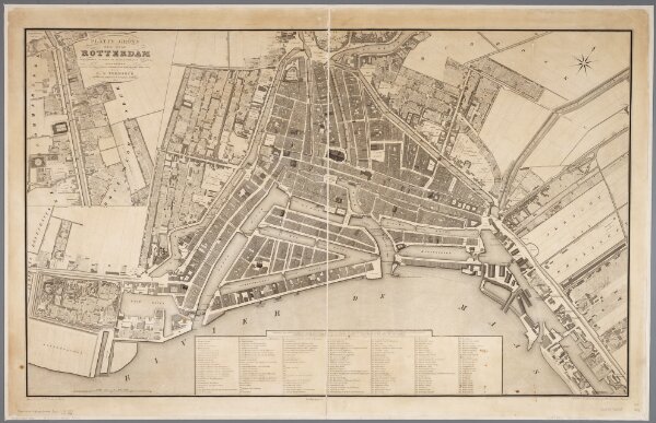 Platte grond der stad Rotterdam / vervaardigd volgens de kadastrale plans ... door L.F. Temminck ; gegraveerd door Dl. Veelwaard en Zonen