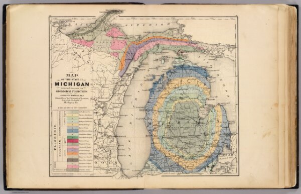 Map of the State of Michigan colored to show the geological formations.