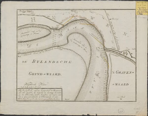 Kaart, van den bogtigenloop der Bovenwaal, zo als dezelve by inspectie en meetinge bevonden is in november 1766, beneffens de diepten aan de 's Gravenwaardsche en Herwensche oevers