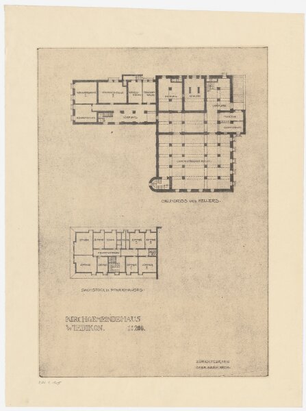 Zürich: Projektiertes Kirchgemeindehaus, Keller sowie Pfarrhaus, Dachgeschoss in Wiedikon; Grundrisse