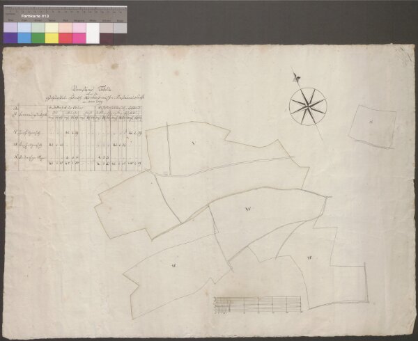 HZAN GA 100_Nr. 432_ : Weikersheim; "Vermessungstabelle ... des Naussauer Forstes";ohne Verfasser;60 Ruten = 14 cm;68 x 48 cm; Norden links;Papier; Federzeichnung; Grenzen in Wasserfarben; links oben Beschreibung.