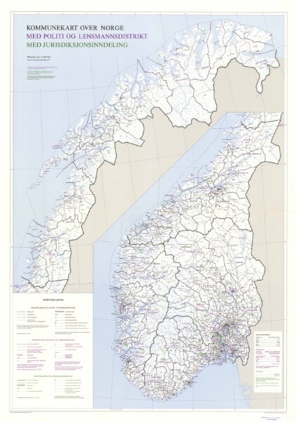 Spesielle kart 162b: Kommunekart over Norge, Med politi og lensmannsdistrikt, Med jurisdiksjonsinndeling