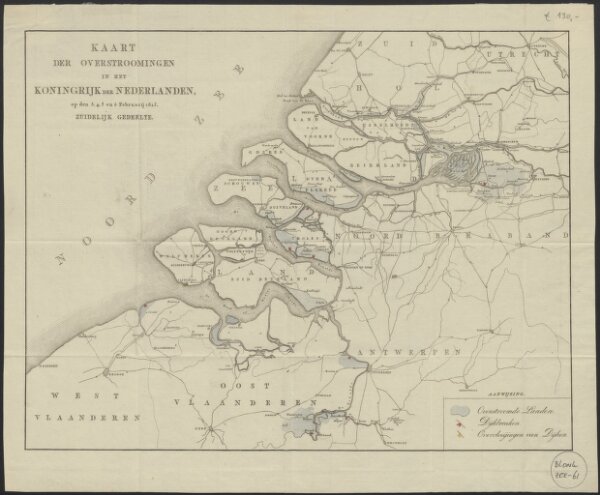 Kaart der overstroomingen in het Koningrijk der Nederlanden op de 3, 4, 5 en 6 Februarij 1825 : zuidelijk gedeelte.