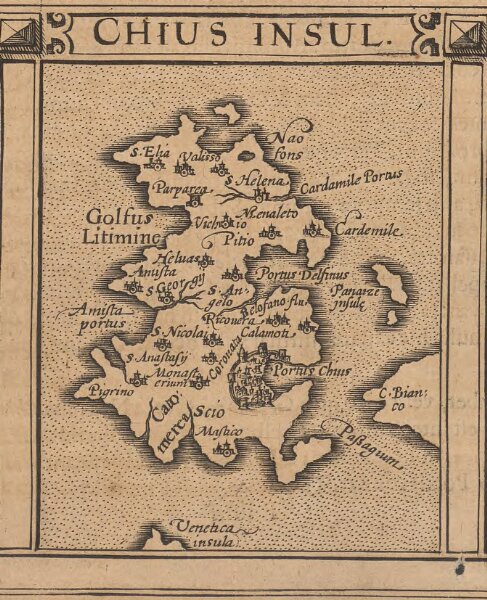 Chius Insul. [Karte], in: Gerardi Mercatoris Atlas, sive, Cosmographicae meditationes de fabrica mundi et fabricati figura, S. 523.