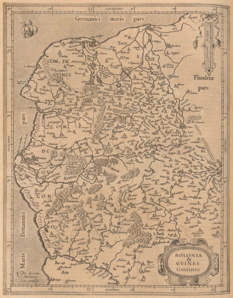 Bolonia & Guines Comitatus [Karte], in: Gerardi Mercatoris Atlas, sive, Cosmographicae meditationes de fabrica mundi et fabricati figura, S. 238.