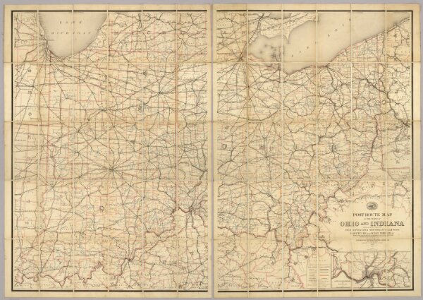 Post route map of the states of Ohio and Indiana with Cinncinnati and environs.