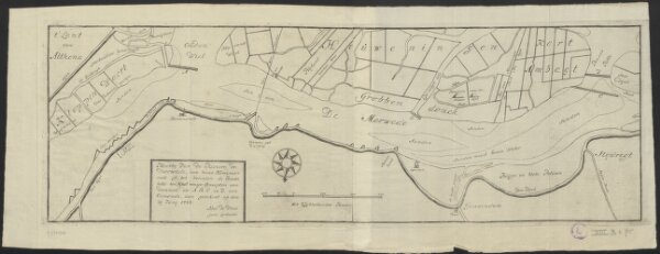 Kaerte van de Riviere de Merwede, van boven Hardincxvelt af, tot beneden de Basse kille toe, met eenige concepten van dammen, als A, B, C en D aen oirconde, dese getekent op den 29 Junij 1726