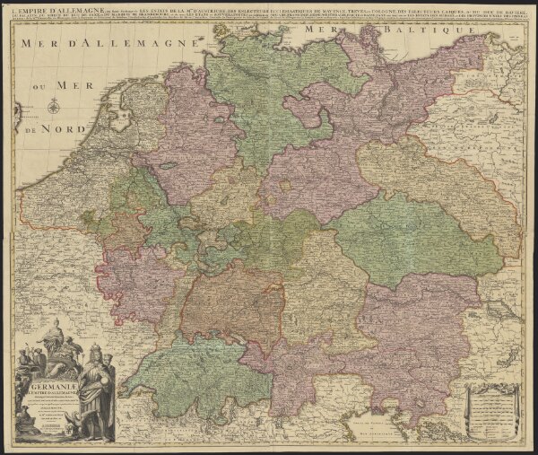 Germaniae = L’empire d’Allemagne distingué suivant l’étendue de tous les estats, principautés et souverainetés qui passent ou qui ont passé jusque a present sous le nom d’Allemagne