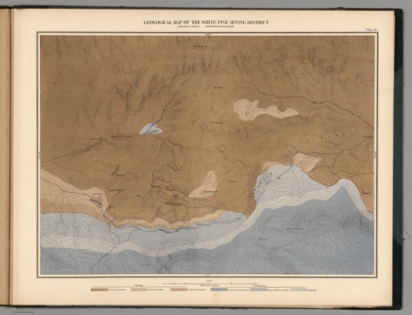 Plate 14.  Geological Map of the White Pine Mining District.  Geology: A. Hague.  Topography: F.A. Clark.