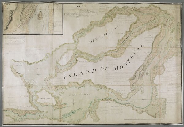 PLAN of that part of CANADA and the RIVER ST. LAWRENCE, which lies between the COTEAU des CEDRES (the uppermost settlements of CANADA) and the ISLAND of ST. THERESE, containing the Island of MONTREAL, Isle IESUS, Isle BISARE, Isle PERAULT, &c. The Lakes of St. Louis, les deux Montagnes &c. formed by the RIVER ST LAWRENCE, the City of MONTREAL, all the Villages, fortified posts, Habitations, and cultivated Country throughout the whole Extent. ....