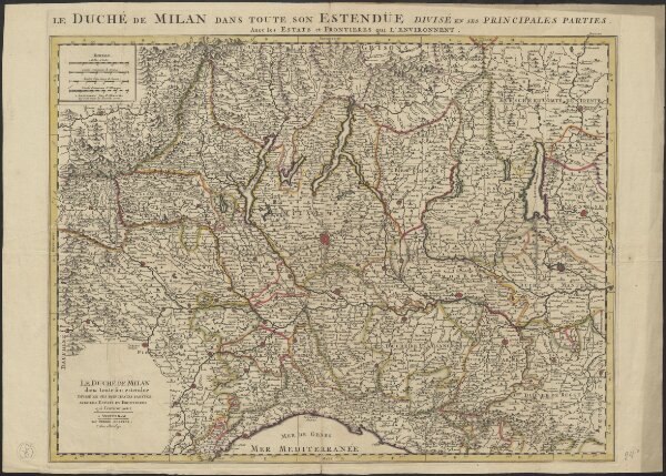 Le Duché de Milan dans toute son estendüe divisé en ses principales parties, avec les estats et frontieres qui l'environnent