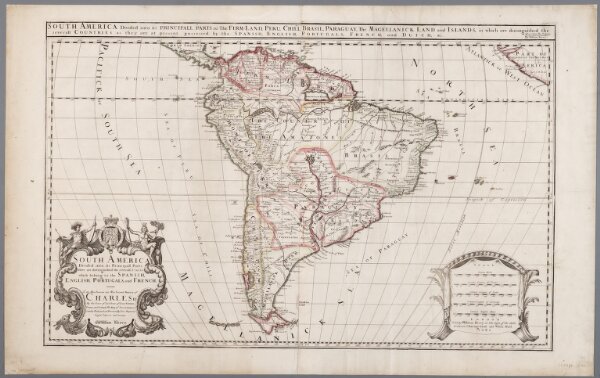 South America, divided into its principall parts viz. the Firm-Land, Peru, Chili, Brasil, Paraguay the Magellanick Land and Islands, in which are distinguished the severall countries as they are at present possessed by the Spanish, English, Portugals, French, and Dutch, etc. / described by Sanson ; corr. and amended by William Berry