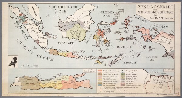 Zendingskaart van Ned. Oost-Indië en Suriname / door A.M. Brouwer