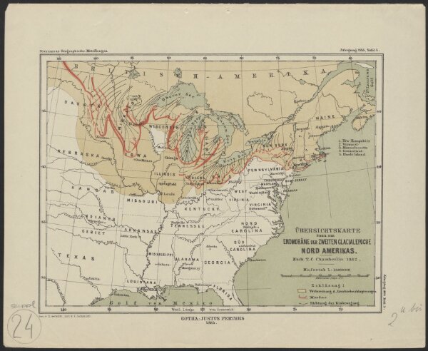 Übersichtskarte über die Endmoräne der zweiten Glacialepoche Nord Amerikas nach T. C. Chamberlin 1882