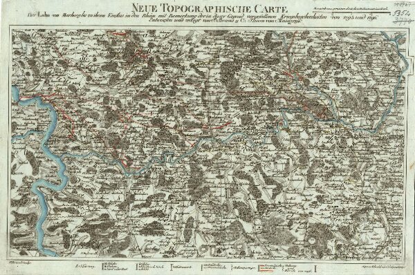Neue Topographische Carte Der Lahn von Marburg bis zu ihrem Einflus in den Rhein mit Bemerkung der in dieser Gegend vorgefallenen Kriegsbegebenheiten von 1795 und 1796