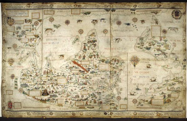 Caption: [Whole map] Desceliers map of the world; with illuminated borders, drawings, and the arms of France, Montmorency and Annebaud.