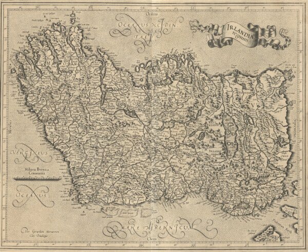 Irlandiae regnum [Karte], in: Atlas, sive, Cosmographicae meditationes de fabrica mundi et fabricati figura, S. 92.