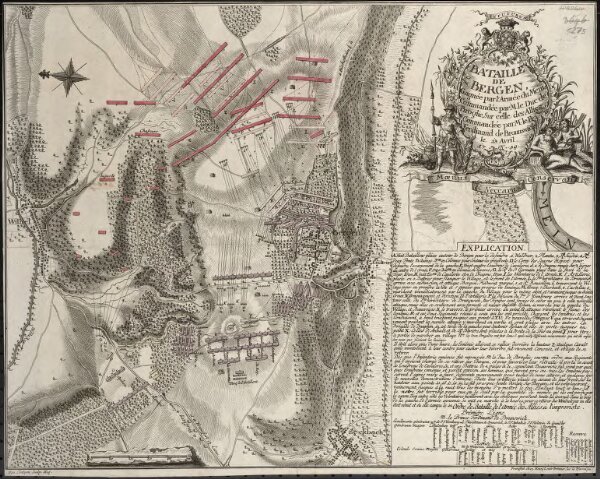 Bataille De Bergen Gagnée par l'Armée du Mem. Commandée par M. le Duc de Broglie, Sur celle des Allies Commandée par M. le Pr. Ferdinand de Brounswick le 13. Avril. 1759