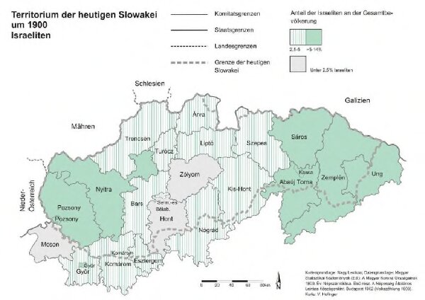 Territorium der heutigen Slowakei um 1900. Israeliten