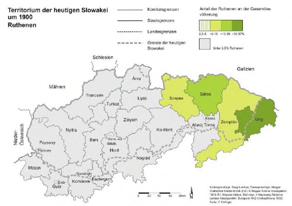 Territorium der heutigen Slowakei um 1900. Ruthenen