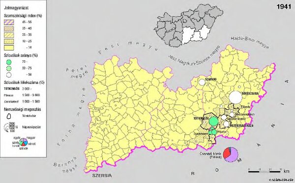 A szlovákok településterülete a szomszédsági mutató alapján Dél-Alföldön 1941-ban