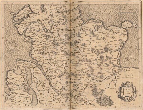 Holsatia ducatus [Karte], in: Gerardi Mercatoris Atlas, sive, Cosmographicae meditationes de fabrica mundi et fabricati figura, S. 146.