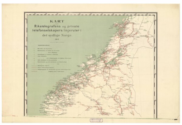Spesielle kart 88-1: Rikstelegrafens og private telefonselskapers linjeruter i det sydlige Norge