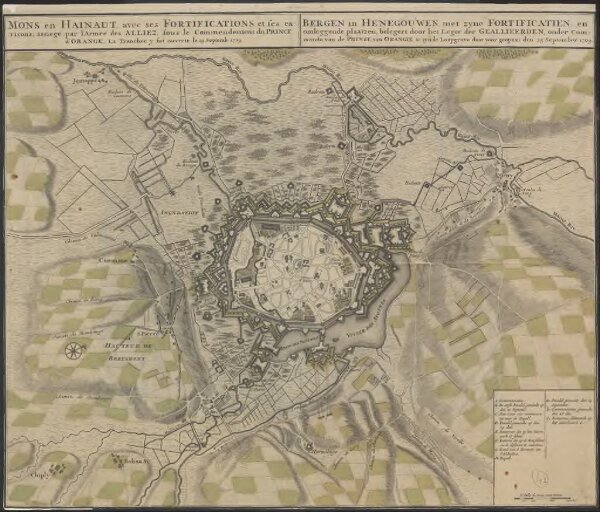 Mons en Hainaut, avec ses fortifications et ses environs: assiegé par l'Armée des Alliez, sous le Commendement du Prince d'Orange : la tranchée y fut ouverte le 25. Septemb. 1709