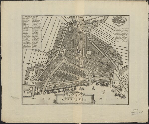 Nieuwe platte grond van de stad Rotterdam geleegen aan de rivieren de Maase en de Rotte : Plan nouveau de la ville de Rotterdam située sur les rivieres de la Meuse et de la Rotte.