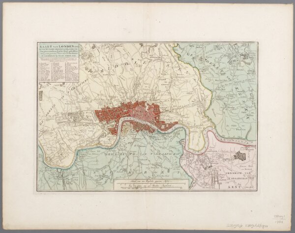 Kaart van Londen enz. en van het naby gelegen land ruim een uur gaans rondom dezelve stad : getrokken uit de groote gemeeten kaart van de Hr. John Rocque