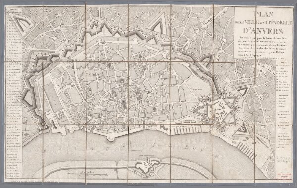 Plan de la ville et citadelle d'Anvers : renommée tant pour la bonté de son port que pour le grand commerce qui se faisait autrefois et pour la beauté de ses edifices : la citadelle est des plus fortes du monde construite en 1543 sous le reigne de Phillipe second Roi d'Espagne
