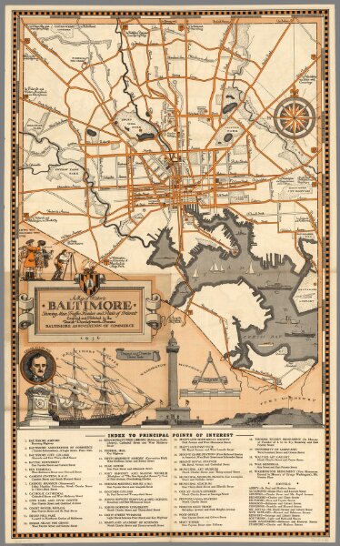A map of historic Baltimore : showing main traffic routes and points of interest.