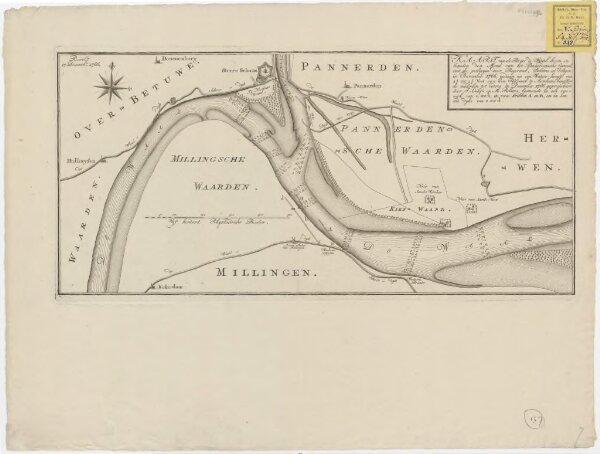 Kaart van de rivier de Waal boven en beneden den mond van het Pannerdensche Canaal, met de peilingen door Beyerinck, Bolstra en Veltgen in november 1766, gedaan op een waters-hoogte van 2Â¾ tot 2Â½ voet aan de peilschaal in Arnhem; beneffens de middelen t