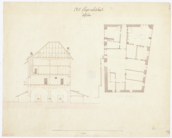 Metzghalle (altes Ehegerichtshaus): Grundriss (1. Stock) und Schnitt