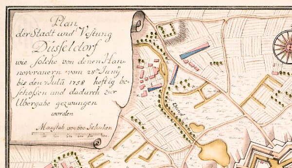 Plan der Stadt und Vestung Düsseldorf wie solche von denen Hannoveranern vom 28te[n] Juny bis den 7 Julii 1758 heftig beschossen und dadurch zur Ubergabe gezwungen worden