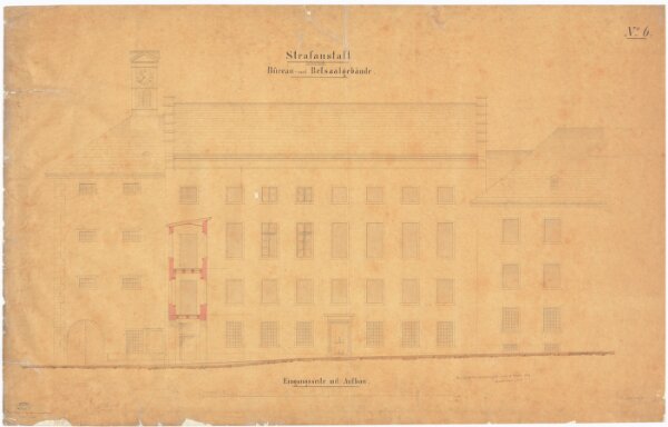 Kantonale Strafanstalt Oetenbach: Um- und Ausbau; Büro- und Betsaalgebäude, Eingangsseite mit Aufbau; Ansicht