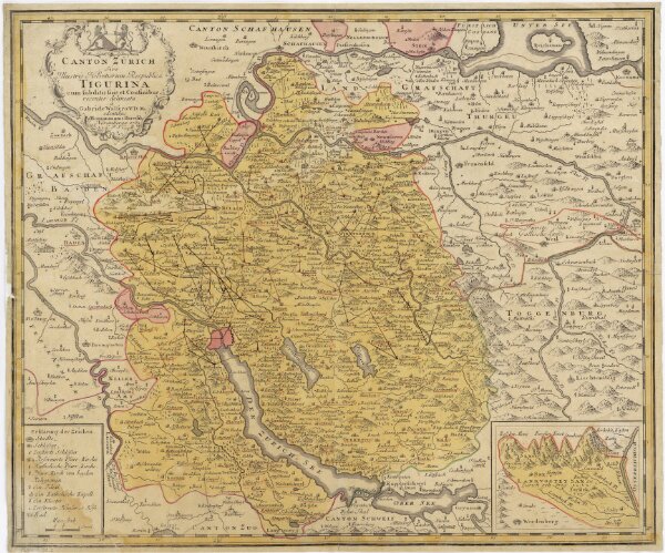 Karte des Kantons Zürich mit seinen Untertanengebieten und Grenzen: Karte mit zusätzlichen Eintragungen