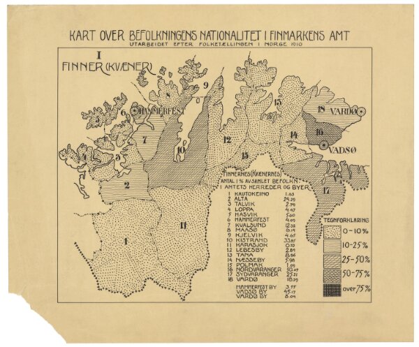 Statistikk 32- Kart over befolkningens nationalitet i Finnmarken. 1 Finner (kvæner)