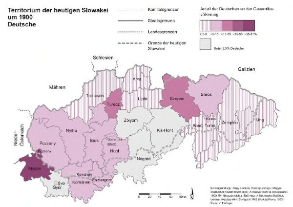 Territorium der heutigen Slowakei um 1900. Deutsche