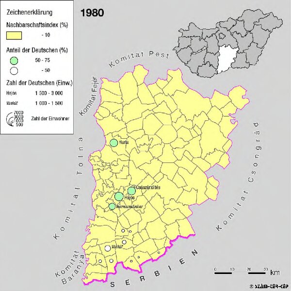 Siedlungsgebiet der Deutschen nach dem Nachbarschaftsindex für das Komitat Bács-Kiskun 1980