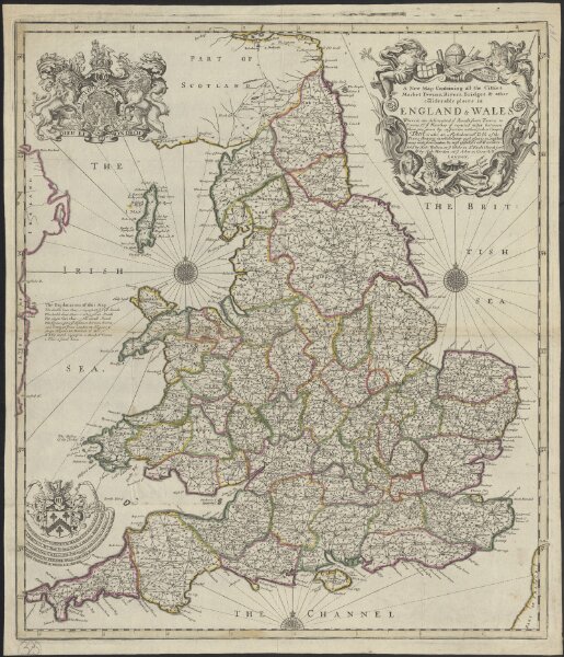 A new map containing all the citties, market townes, rivers, bridges, & other considerable places in England & Wales, wherein are delineated ye roads from towne to towne, & ye number of reputed miles between them, are given by inspection without scale or compas [...]