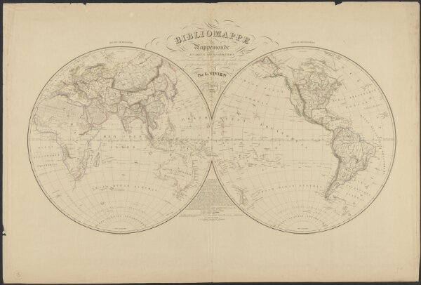 Mappemonde en deux hémisphères où sont tracées les lignes de faîte des grands bassins qui partagent la surface du globe