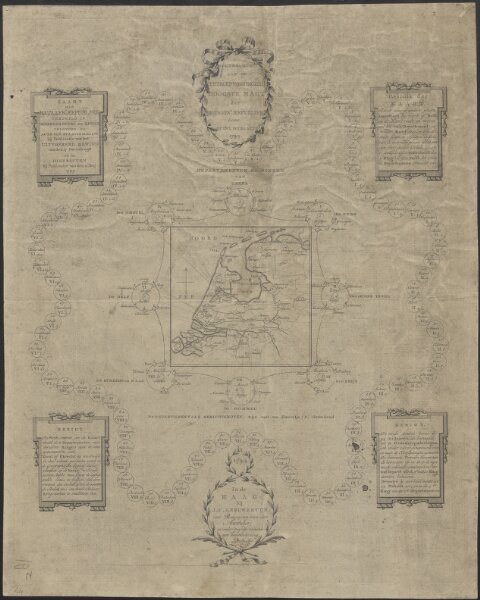 Kaart der Bataafse Republiek : verdeeld in departementen en ringen volgens de acte van staatsregeling bij publicatie van het Uitvoerend Bewind van den 17 Novemb. 1798 en in districten bij publicatie van den 14 Meij 1799