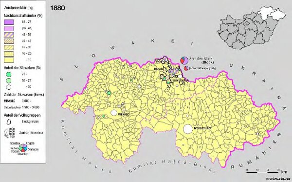 Siedlungsgebiet der Slowaken nach dem Nachbarschaftsindex für Nordost-Ungarn 1880