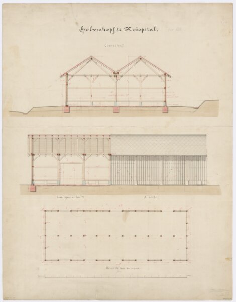 Fluntern: Projektiertes Kantonsspital, Holzschuppen; Ansicht, Grundriss und Schnitte