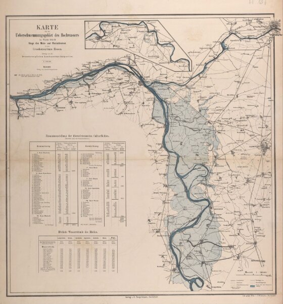 Karte über das Überschwemmungsgebiet des Hochwassers im Winter 1882/83 längs des Main- und Rheinstromes in dem Großherzogthum Hessen