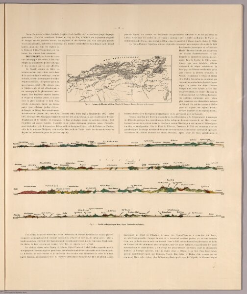 Text.   Map:  Fig. 4.  La mer du Miocene inferieur.  (Geologic Cross-Section) Fig. 5.   Profils geologiques par Oran, Alger, Constantine et Tabarka.