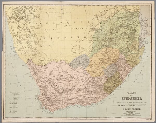 Kaart van Zuid-Afrika / naar de laatste en beste bronnen bewerkt voor 'De worstelstrijd der Transvalers' door F. Lion Cachet, derde herziene druk ; A.J. Wendel grav