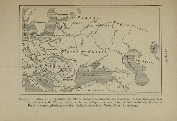 Carte de la répartition des Slaves en Europe, montrant leur séparation en deux troncons, dont l’un s’échelonne de l’Elbe au Don et de la mer Baltique à la mer Noire, et dont l’autre s’étend entre la Drave et la mer Adriatique (9e et 10e siècles de notre ère)