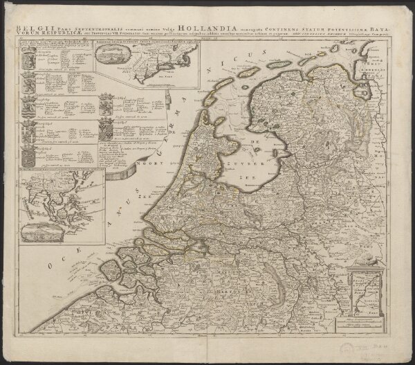Belgii pars septentrionalis communi nomine vulgo Hollandia ... = Land caerte van ’t Verenigde Nederland met ’t gene daer onderhoort, verdeelt in syn provincien en minder verdelingen